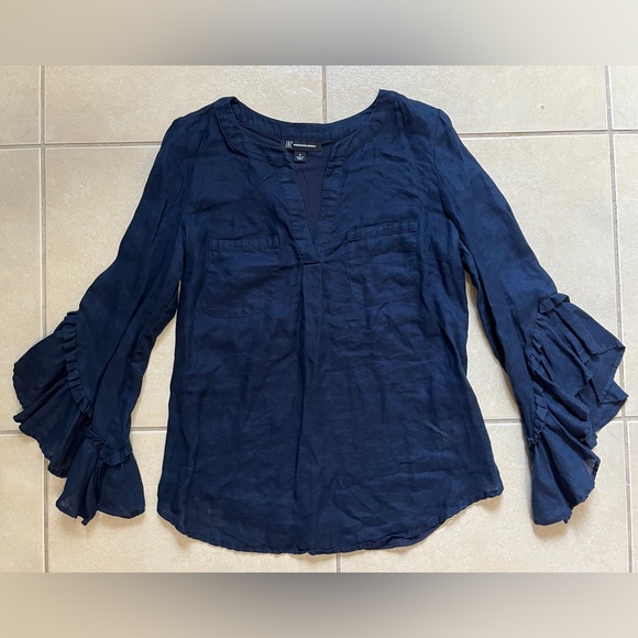 INC International Concepts Women’s S Navy Blue Ruffle-Sleeve Linen Blend Top - Picture 2 of 12